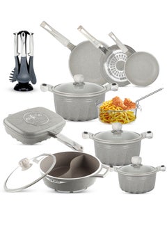Cookware Set Granite Non Stick 100% PFOA Free - 21 pieces Induction Pots and Pans Set Include Casseroles,Fry Pans,Hot Pot,Double Grill Pan,Frying Basket,Kitchen Utensils (Dark Grey)