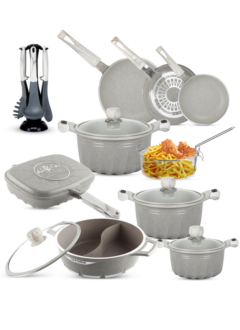 Life Smile - Cookware Set Granite Non Stick 100% PFOA Free - 21 pieces Induction Pots and Pans Set Include Casseroles,Fry Pans,Hot Pot,Double Grill Pan,Frying Basket,Kitchen Utensils (Dark Grey) - Image 1