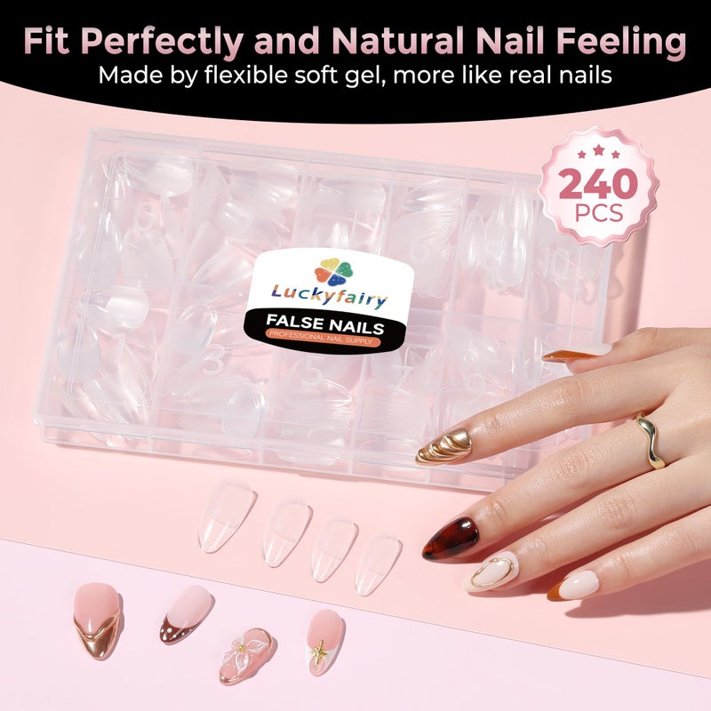 Luckyfairy Almond Nail Tips: 240pcs Pointed Almond Soft Gel Nail Tips, Pre-shape Short Nails, Half Matte Full Cover Clear Acrylic Fake Press On Nails for Nail Extension Home Nail Art 12 Sizes Gelly Tips - Image 5