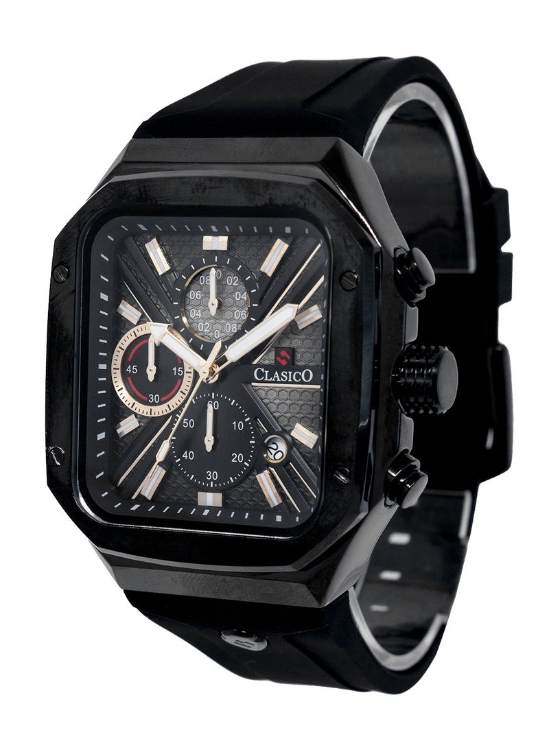 Zypher 6-Hands Chronograph Watch – Midnight Black Square Chronograph Edition with Premium Silicon Strap – Elite Y121 Calibre Movement – Waterproof Design