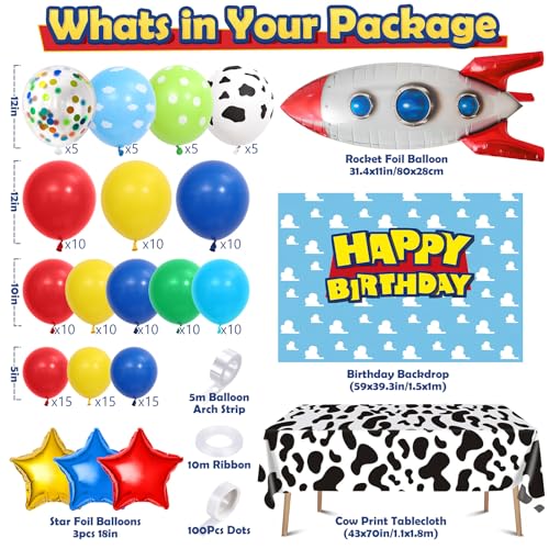 Winrayk 154Pcs Toy Inspired Story Birthday Party Decorations Supplies for Kids Teen, Balloon Arch with Backdrop Tablecloth Cow Print Balloons Star Rocket, Cartoon Game Girls Boys Birthday Party Decor - Image 2