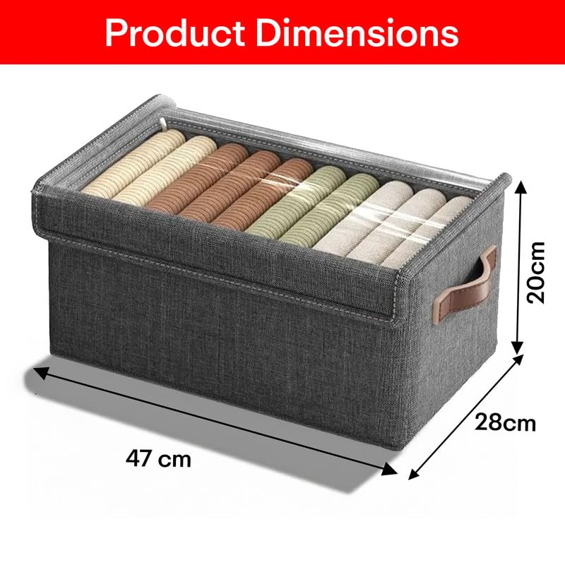 Prime Pick Storage Box Foldable Non Woven Cloth Organizer with Lid Breathable Fabric Washable Wardrobe Storage Bin with Reinforced Handles Clothes Organizer Grey Pack of 1 - Image 2