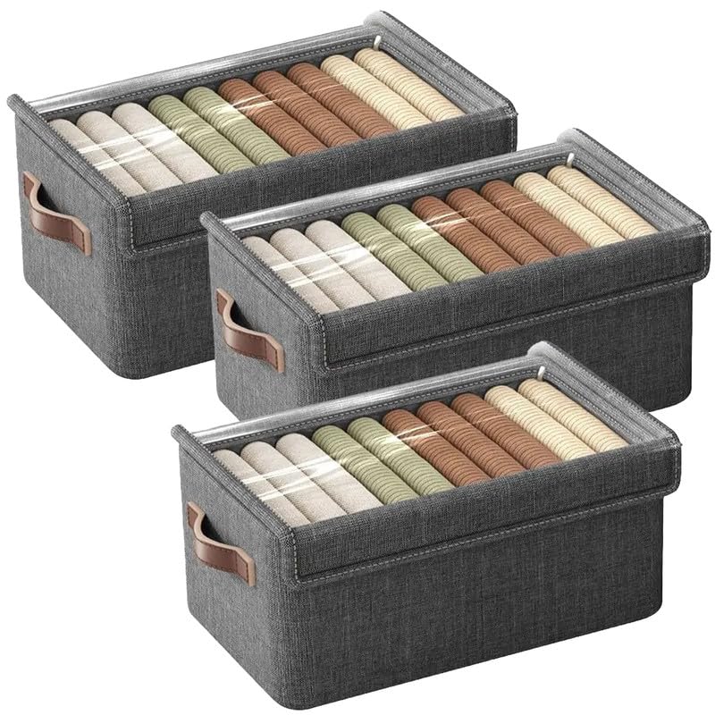 Prime Pick Storage Box Foldable Non Woven Cloth Organizer with Lid Breathable Fabric Washable Wardrobe Storage Bin with Reinforced Handles Clothes Organizer Grey Pack of 1 - Image 1