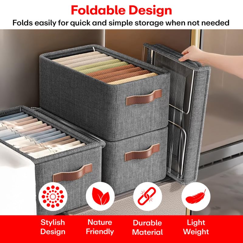 Prime Pick Storage Box Foldable Non Woven Cloth Organizer with Lid Breathable Fabric Washable Wardrobe Storage Bin with Reinforced Handles Clothes Organizer Grey Pack of 1 - Image 5
