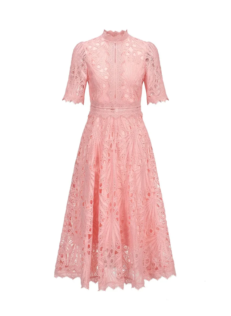 Bella Barnett Lzada Short Sleeves Lace Hollow Out Midi Dress