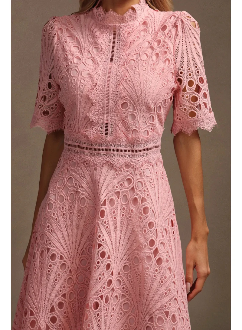 Bella Barnett Lzada Short Sleeves Lace Hollow Out Midi Dress