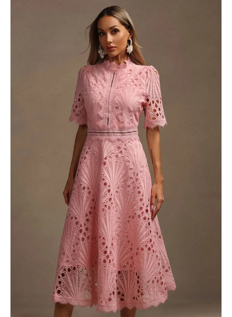 Bella Barnett Lzada Short Sleeves Lace Hollow Out Midi Dress