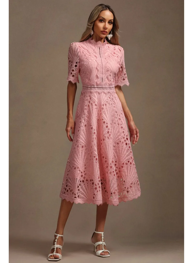 Bella Barnett Lzada Short Sleeves Lace Hollow Out Midi Dress