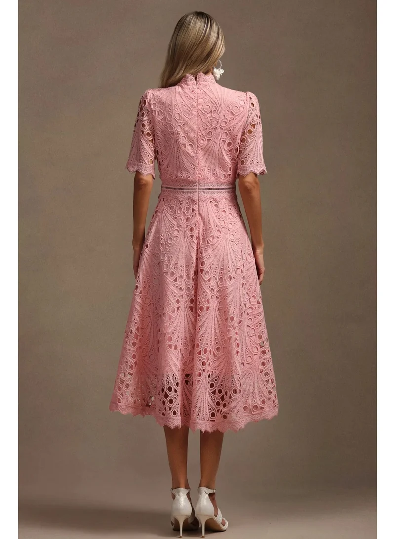 Bella Barnett Lzada Short Sleeves Lace Hollow Out Midi Dress