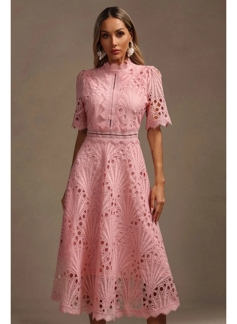 Bella Barnett Lzada Short Sleeves Lace Hollow Out Midi Dress