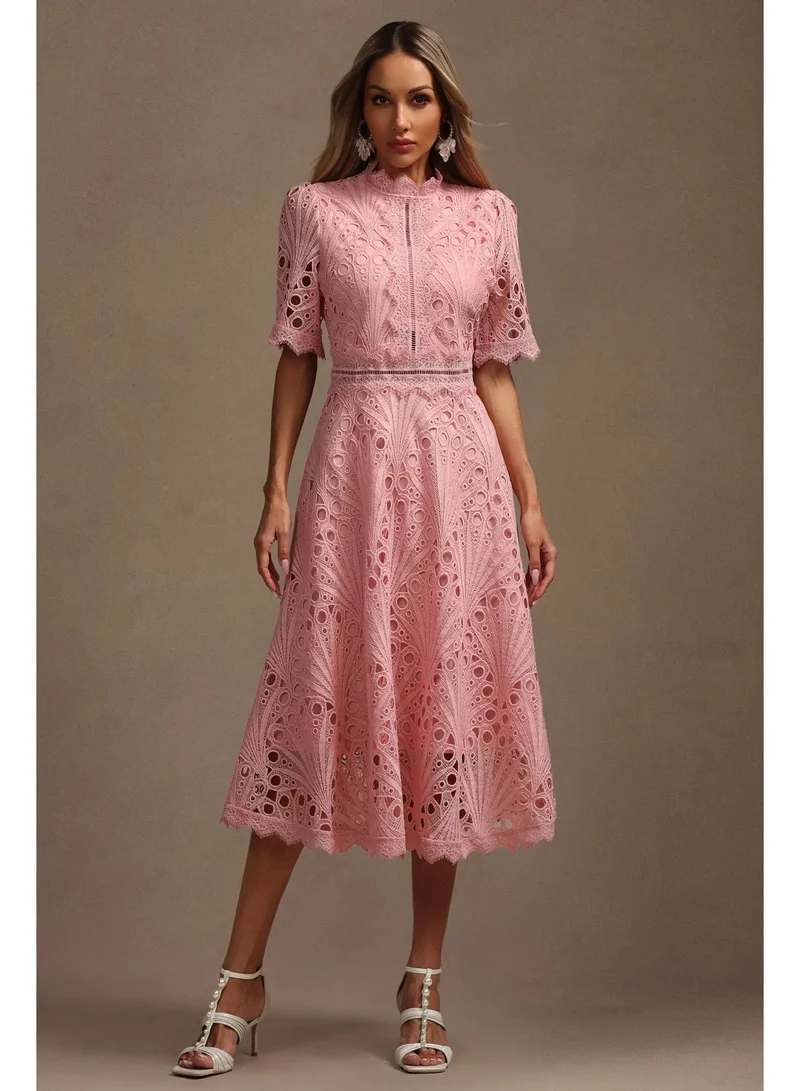 Bella Barnett Lzada Short Sleeves Lace Hollow Out Midi Dress