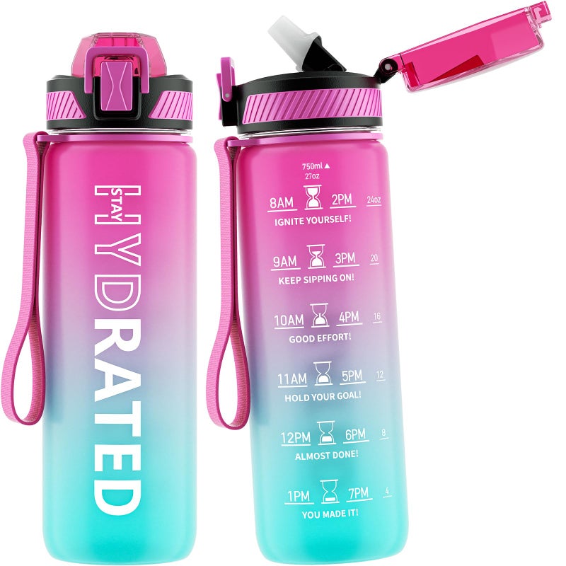 QLUR Water Bottle with Straw, 27oz Motivational Water Bottles with Time Marker to Drink, Tritan BPA Free, 750ml Sports Water Bottle with Carry Strap LeakProof for School Fitness Outdoor (1Pack) - Image 1