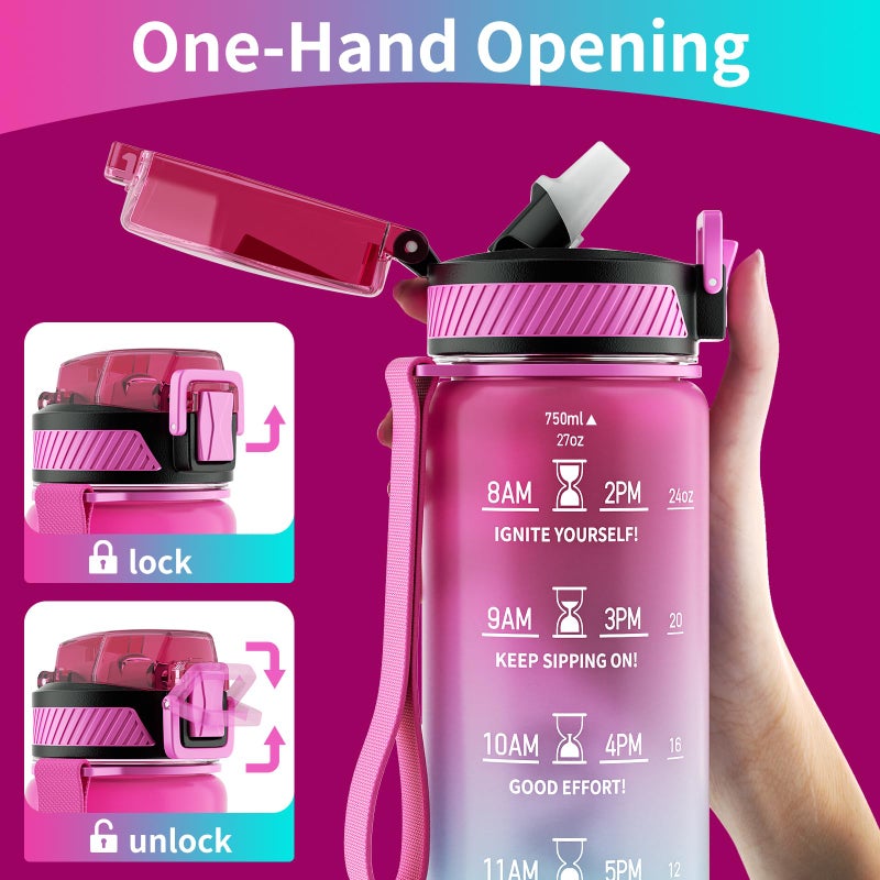 QLUR Water Bottle with Straw, 27oz Motivational Water Bottles with Time Marker to Drink, Tritan BPA Free, 750ml Sports Water Bottle with Carry Strap LeakProof for School Fitness Outdoor (1Pack) - Image 2