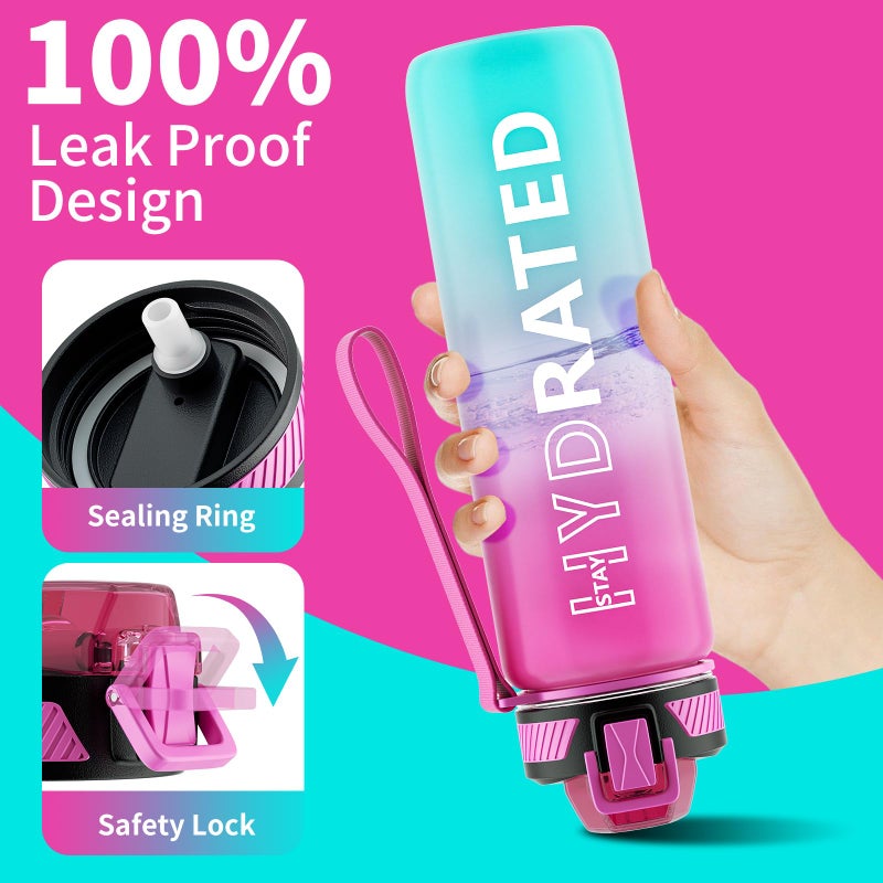 QLUR Water Bottle with Straw, 27oz Motivational Water Bottles with Time Marker to Drink, Tritan BPA Free, 750ml Sports Water Bottle with Carry Strap LeakProof for School Fitness Outdoor (1Pack) - Image 3