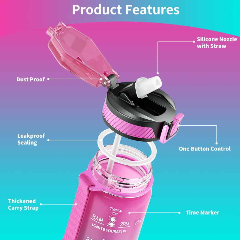 QLUR Water Bottle with Straw, 27oz Motivational Water Bottles with Time Marker to Drink, Tritan BPA Free, 750ml Sports Water Bottle with Carry Strap LeakProof for School Fitness Outdoor (1Pack) - Image 4