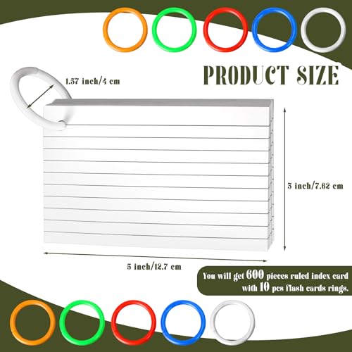 Wpxmer 600 PCS White Index Cards Ruled, 3 x 5 Inches Flash Cards with Ring, Note Cards Study Cards for School Learning and To to Lists - Image 2