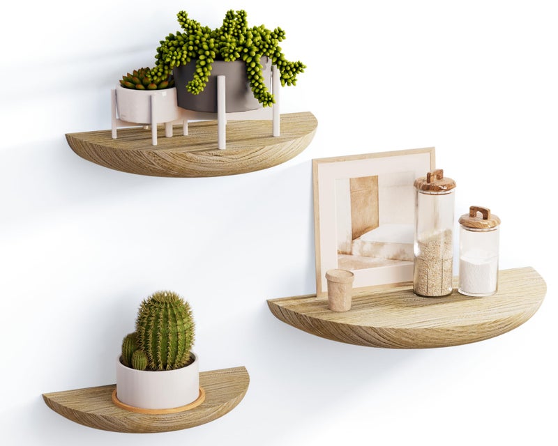 QsQueen Solid Wood Half Round Floating Wall Shelves | Elegant Floating Shelves, Elevate Your Space. Perfect for Living Rooms, Bathrooms, Bedrooms, Offices, Children's Rooms Light Brown - Image 1