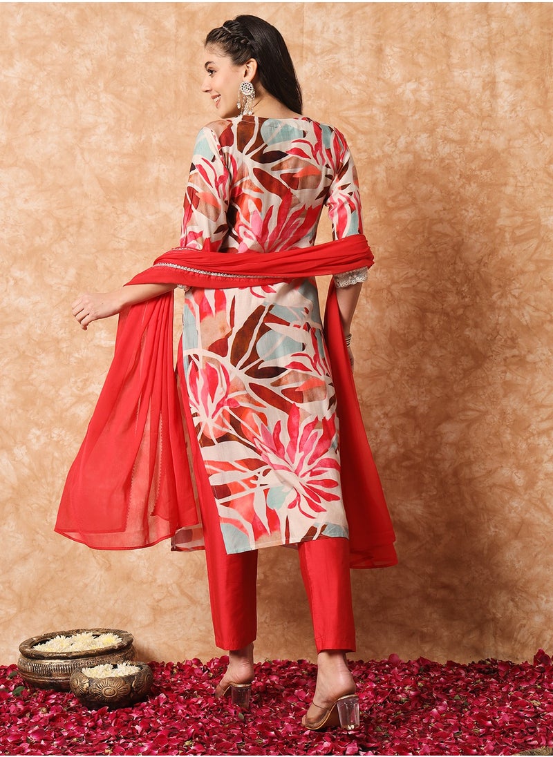 Generic - Women's Rayon printed & embroidery straight kurta with pant and dupatta sets - Image 1