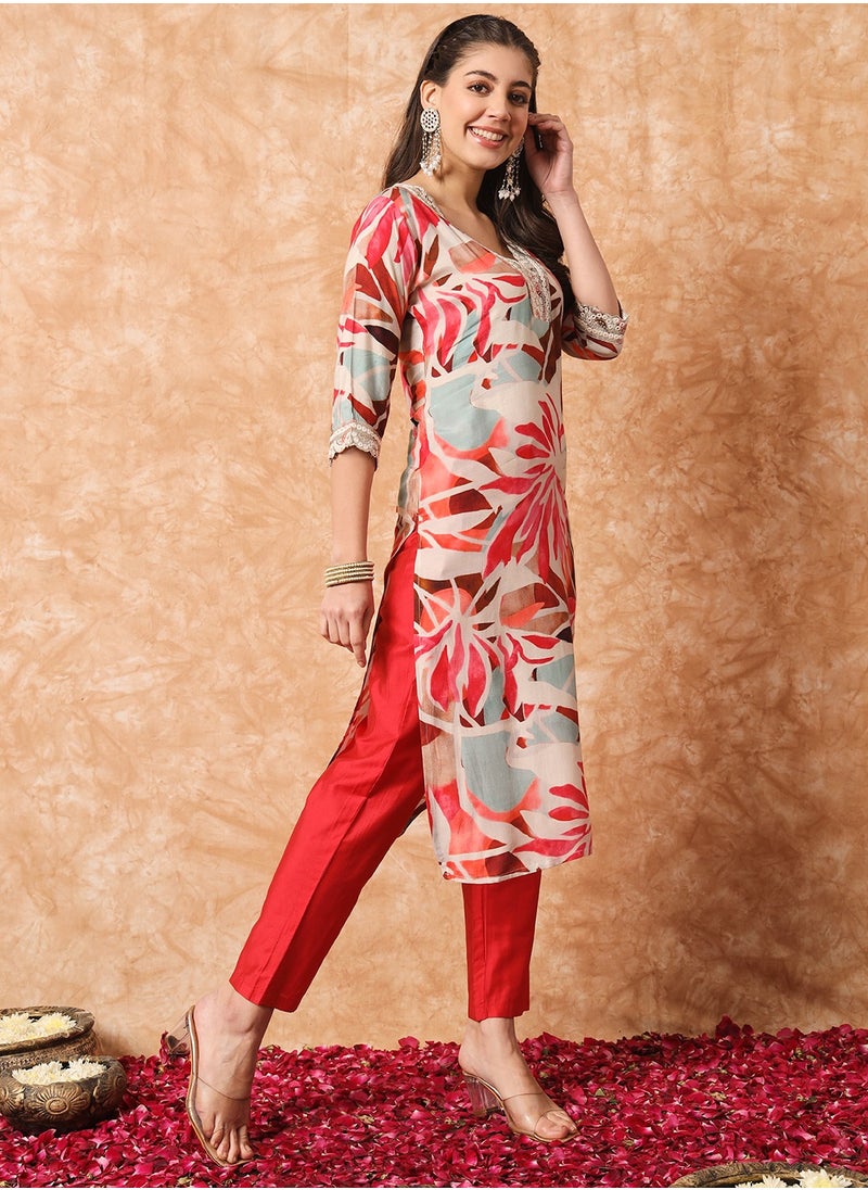 Generic - Women's Rayon printed & embroidery straight kurta with pant and dupatta sets - Image 1