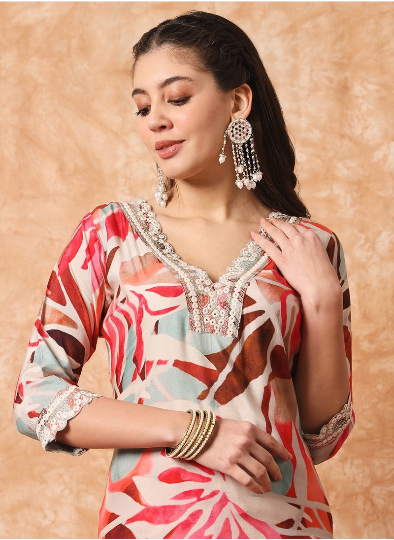 Generic - Women's Rayon printed & embroidery straight kurta with pant and dupatta sets - Image 1