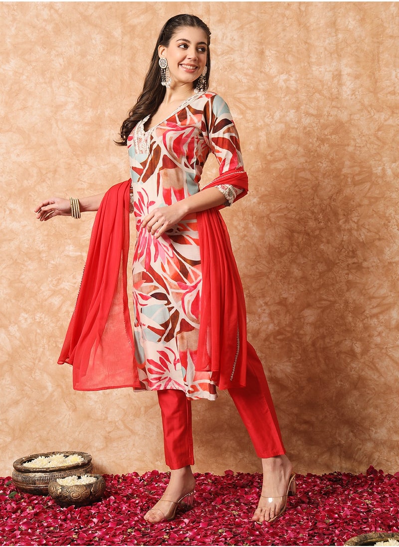 Generic - Women's Rayon printed & embroidery straight kurta with pant and dupatta sets - Image 1
