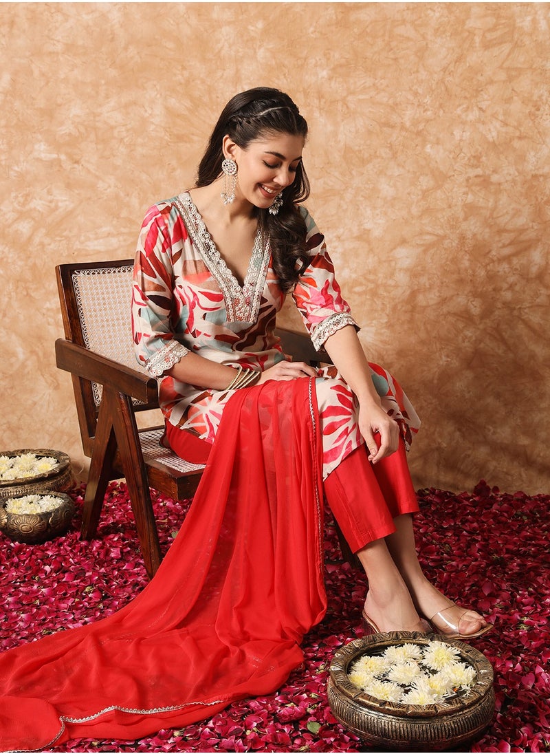 Generic - Women's Rayon printed & embroidery straight kurta with pant and dupatta sets - Image 1