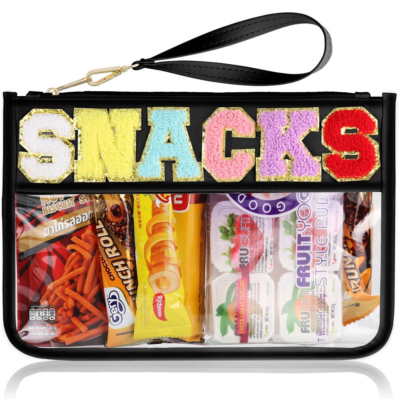 TESAFNG Snack Bag for Travel - Clear Chenille Varsity Letter Flat Pouch with Zipper, Waterproof Clear PVC&PU Preppy Patch Makeup Cosmetic tote Bags for Women Girls (Black-Snacks) - Image 1
