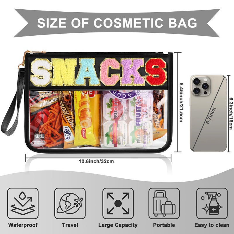 TESAFNG Snack Bag for Travel - Clear Chenille Varsity Letter Flat Pouch with Zipper, Waterproof Clear PVC&PU Preppy Patch Makeup Cosmetic tote Bags for Women Girls (Black-Snacks) - Image 2