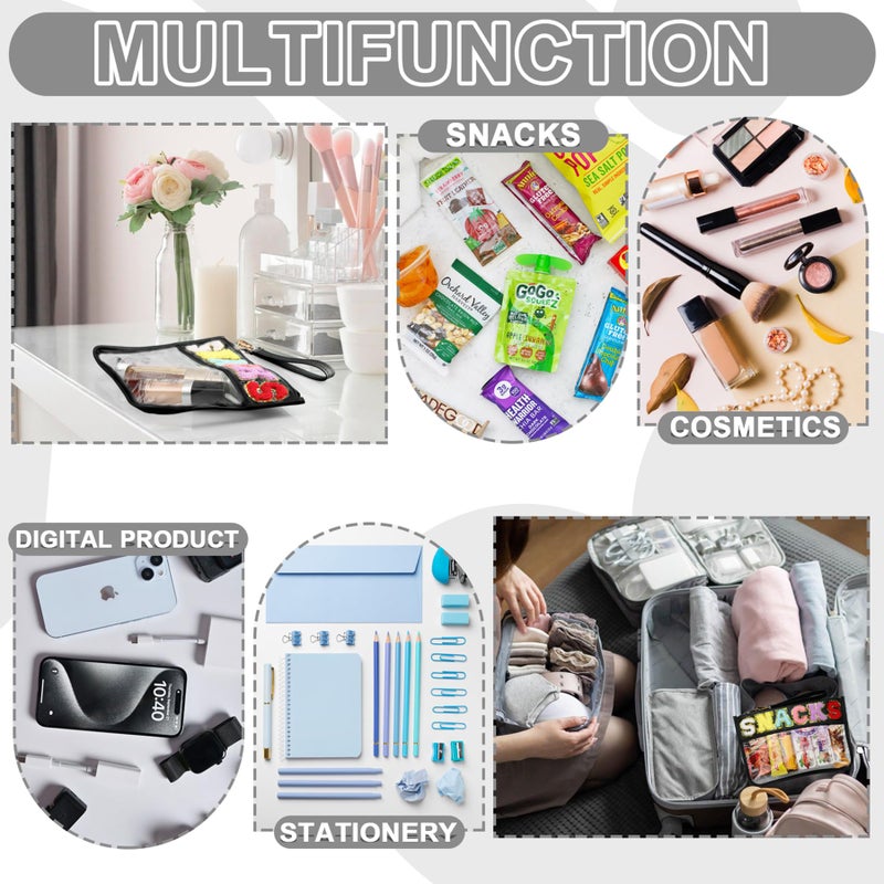 TESAFNG Snack Bag for Travel - Clear Chenille Varsity Letter Flat Pouch with Zipper, Waterproof Clear PVC&PU Preppy Patch Makeup Cosmetic tote Bags for Women Girls (Black-Snacks) - Image 5