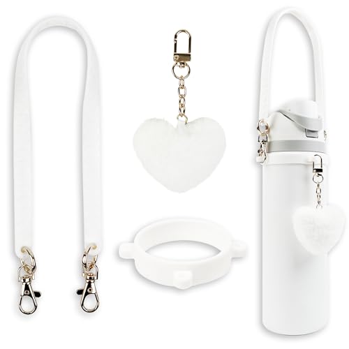SITKOL Handle Strap with Heart Charms for Owala & Stanley Cups, for Owala Water Bottle 24oz, 32oz, 40oz, Owala Kids, Pink Owala, Stanley 30oz, 40oz Tumblers, Stanley & Owala Accessories (White) - Image 1