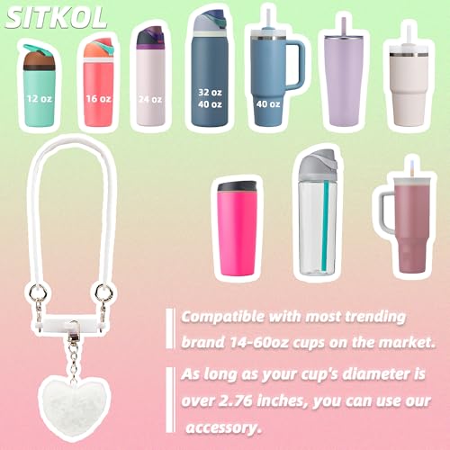 SITKOL Handle Strap with Heart Charms for Owala & Stanley Cups, for Owala Water Bottle 24oz, 32oz, 40oz, Owala Kids, Pink Owala, Stanley 30oz, 40oz Tumblers, Stanley & Owala Accessories (White) - Image 2