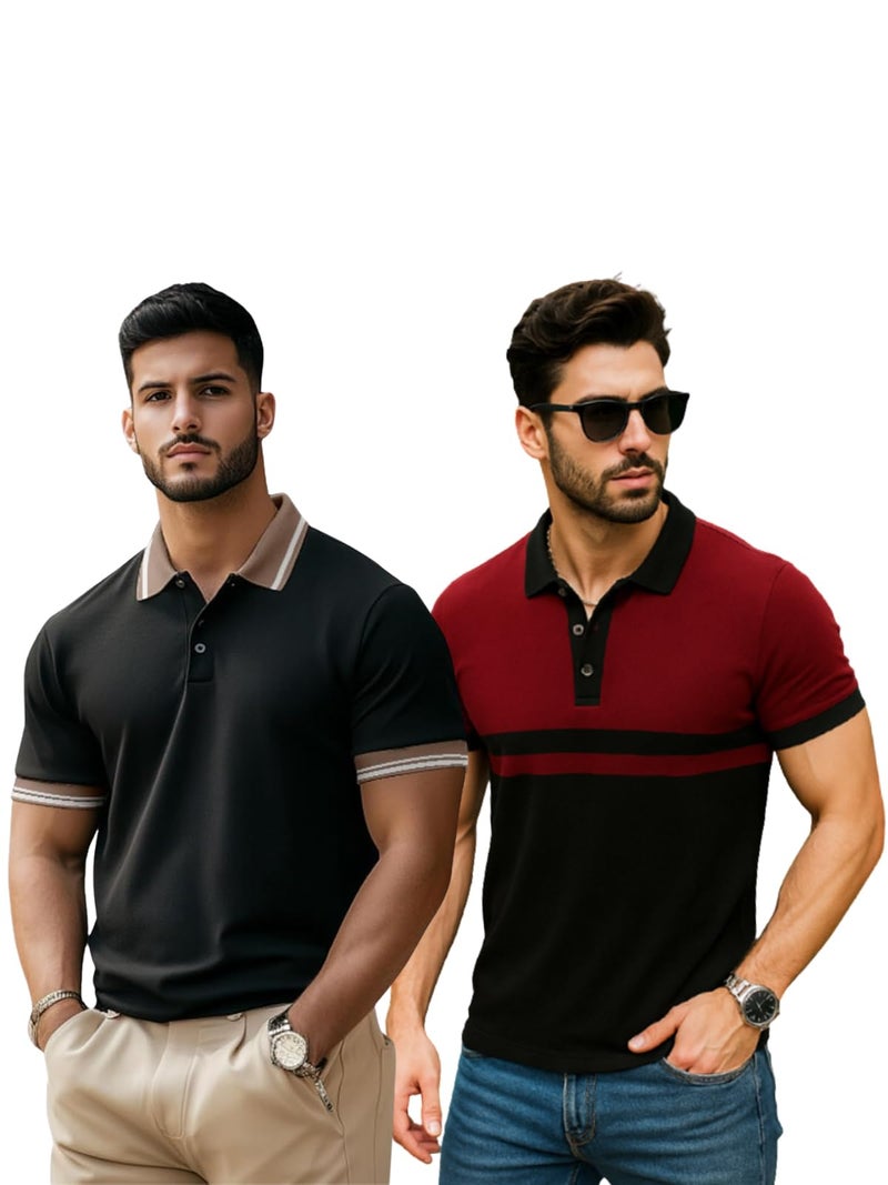 Veirdo® Pack of 2 Pure 100% Cotton Regular Fit Solid Plain Classic Polo Collar T-Shirts for Men & Boys – Half Sleeves – Black & Maroon - Image 1
