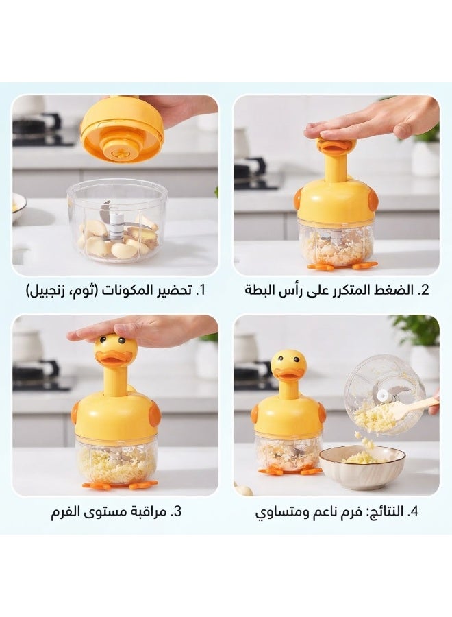 قطاعة يدوية للبصل والثوم بتصميم لطيف على شكل بطة، مزودة بـ 3 شفرات من الفولاذ المقاوم للصدأ؛ أداة مطبخية مدمجة وعملية تسهّل التحضير اليومي والطهي المنزلي، وتتميز بسهولة الاستخدام وصغر الحجم والملاءمة. - Image 5