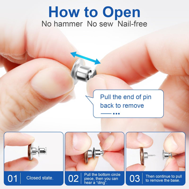 Ceryvop 12 Sets Button Pins for Jeans, No Sew and No Tools Instant Replacement Snap Tack Pant Button, Reusable and Adjustable Metal Pants Tightener - Image 3
