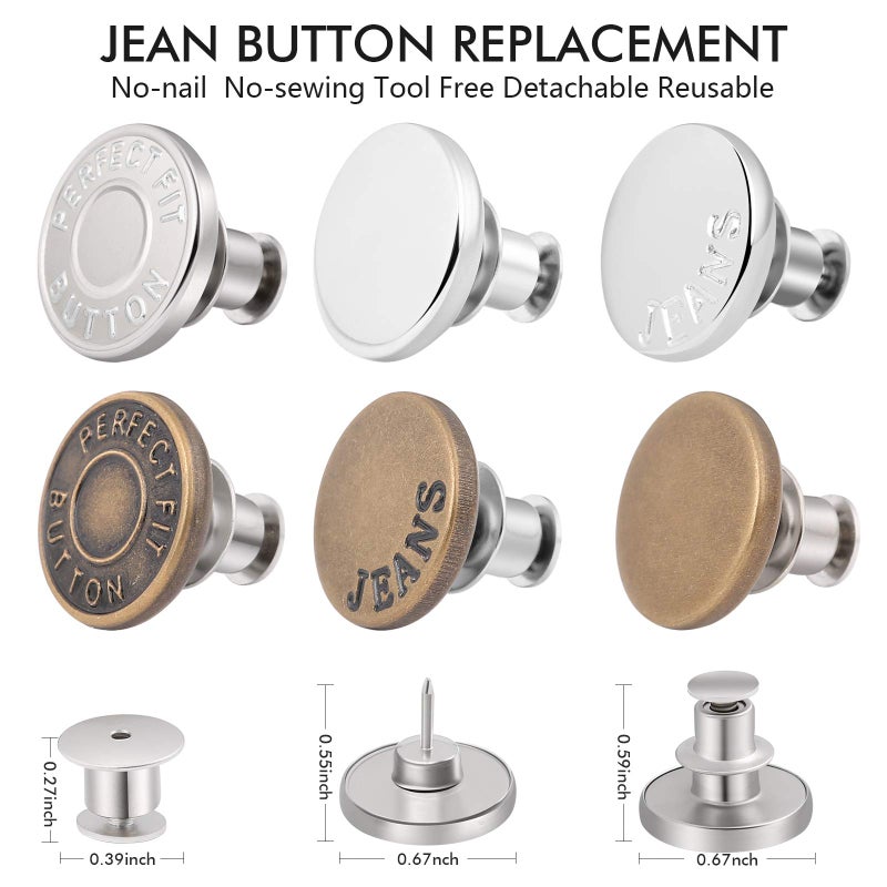 Ceryvop 12 Sets Button Pins for Jeans, No Sew and No Tools Instant Replacement Snap Tack Pant Button, Reusable and Adjustable Metal Pants Tightener - Image 2
