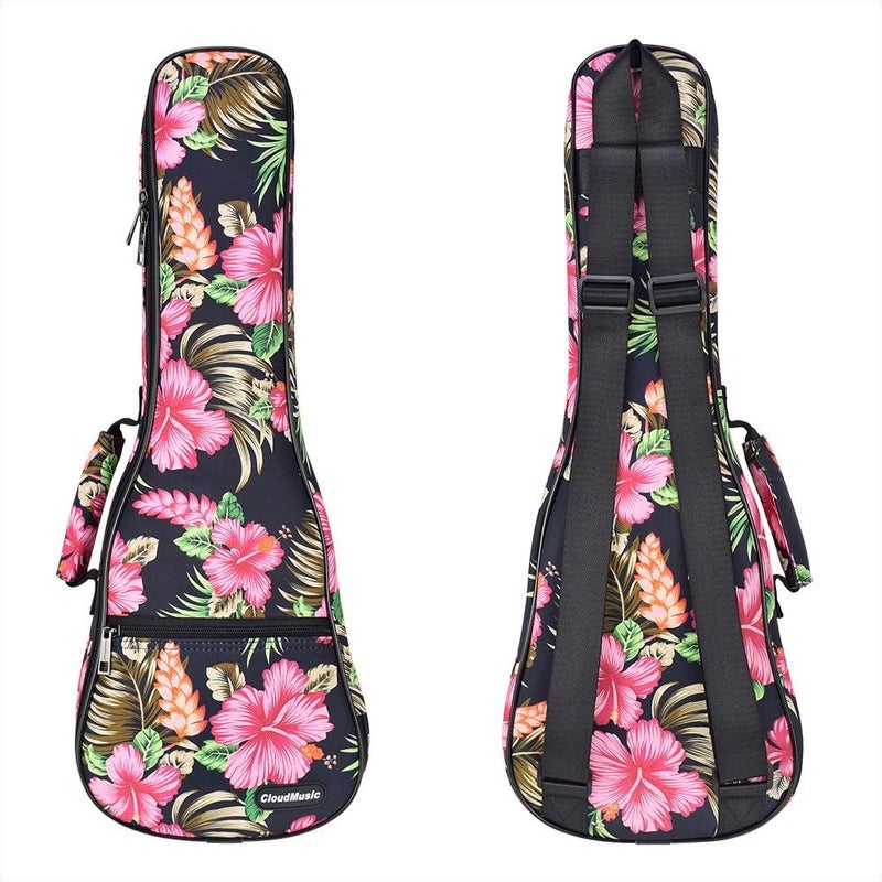 CLOUDMUSIC Ukulele Case Gig Bag Padded Backpack For Concert 23" Inch(Concert, Hawaii Hibiscus And Palm In Black) - Image 1