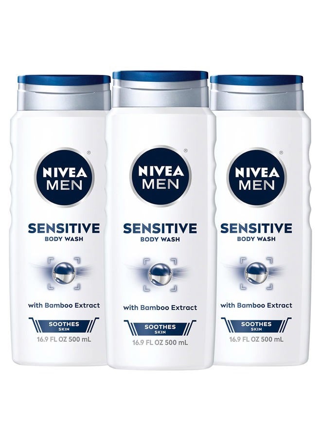 NIVEA MEN Sensitive Body Wash with Bamboo Extract, 3 Pack of 16.9 Fl Oz Bottles - Image 1