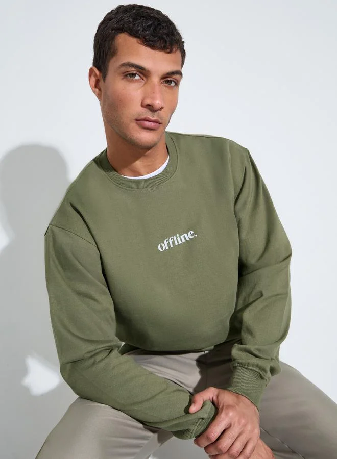Styli Men Olive Slogan Print Relaxed Sweatshirt