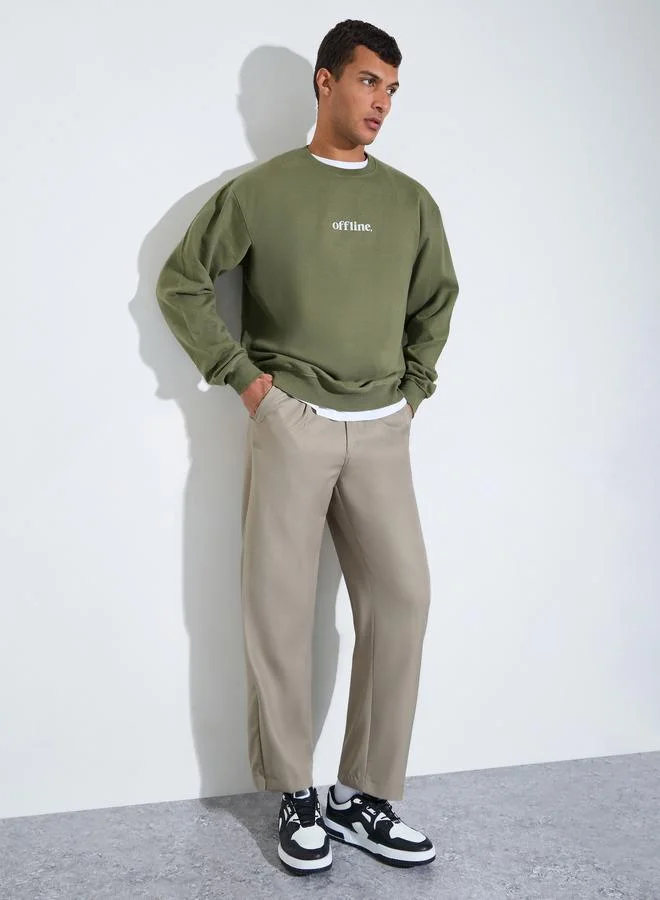 Styli Men Olive Slogan Print Relaxed Sweatshirt