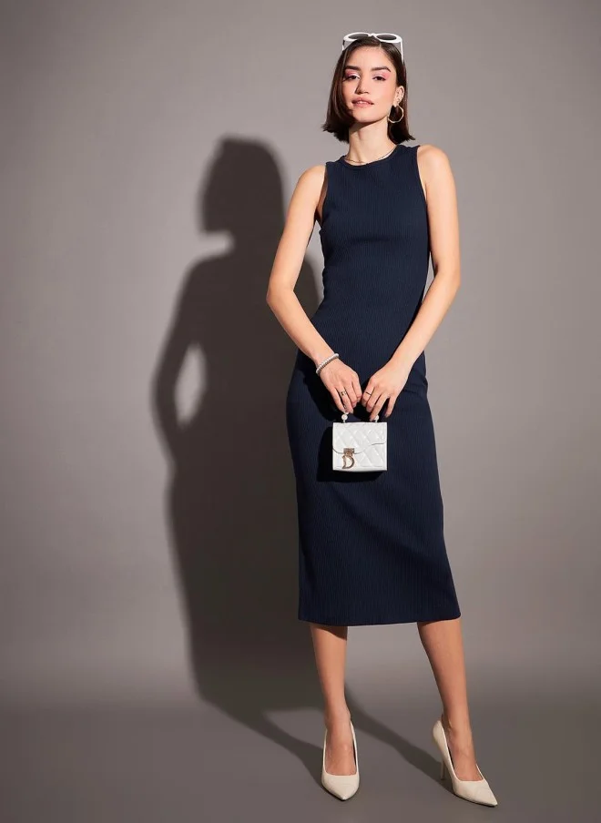 SASSAFRAS Navy Blue Ribbed Sheath Midi Dress for Women