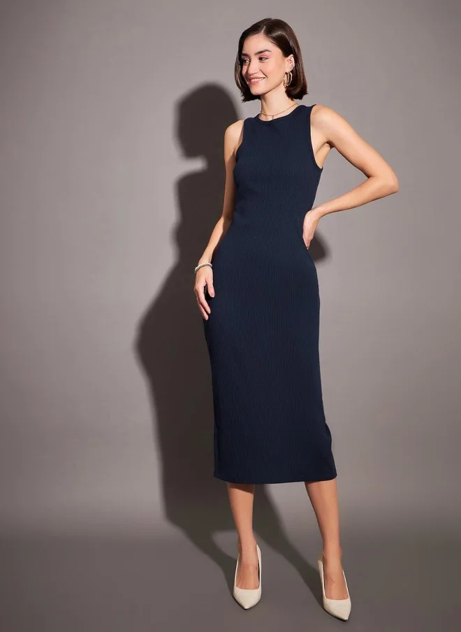 ساسافراس Navy Blue Ribbed Sheath Midi Dress for Women
