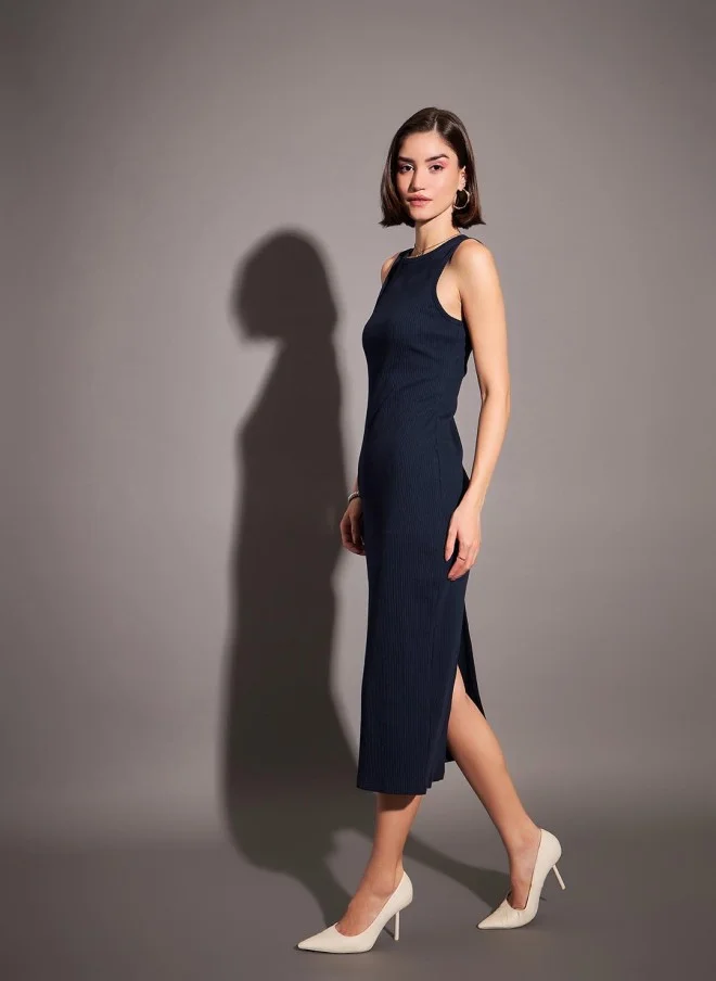 SASSAFRAS Navy Blue Ribbed Sheath Midi Dress for Women