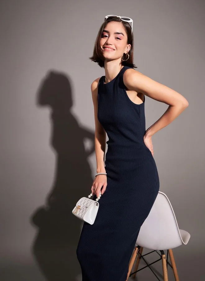 SASSAFRAS Navy Blue Ribbed Sheath Midi Dress for Women