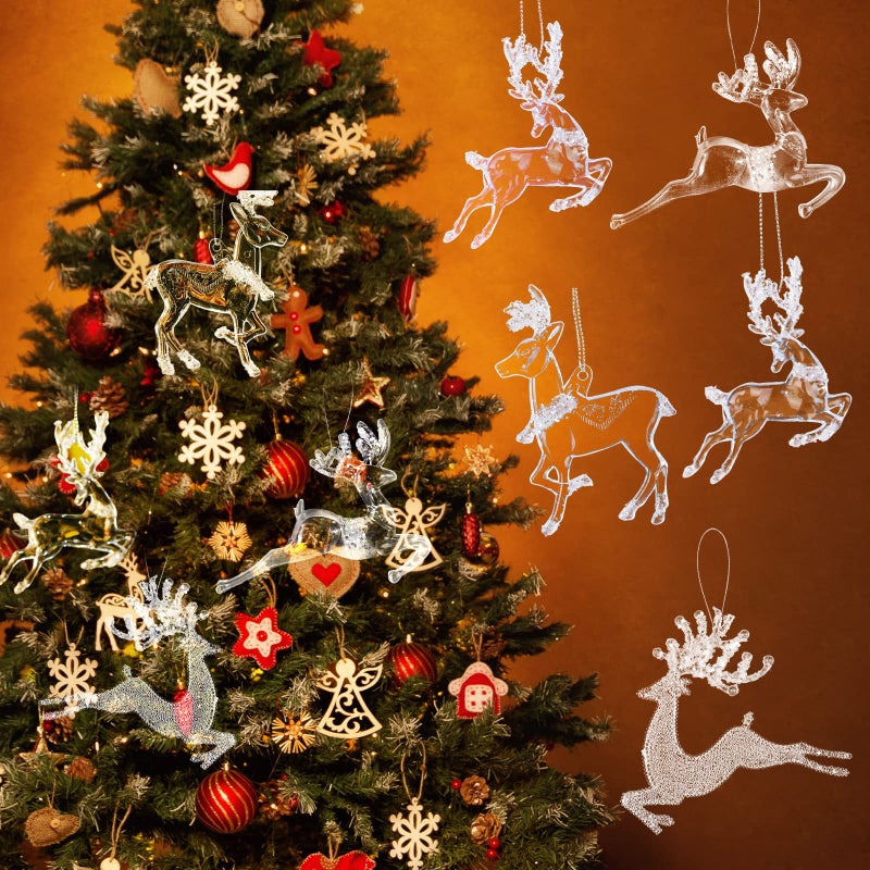 Set of 12 Hanging Reindeer Ornament Crystal Acrylic Holiday Reindeer Figurines Deer Clear Christmas Ornaments for Christmas Tree Indoor Home Decoration 27 Inch 31 Inch 4 Styles