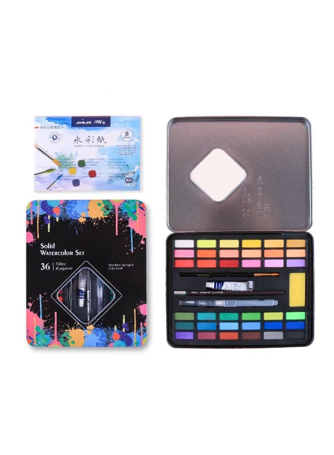 Generic 36 Color Solid Watercolor Paint Set with Brushes, Pencil, Sponge & Paper for Beginners & Artists  - Image 1