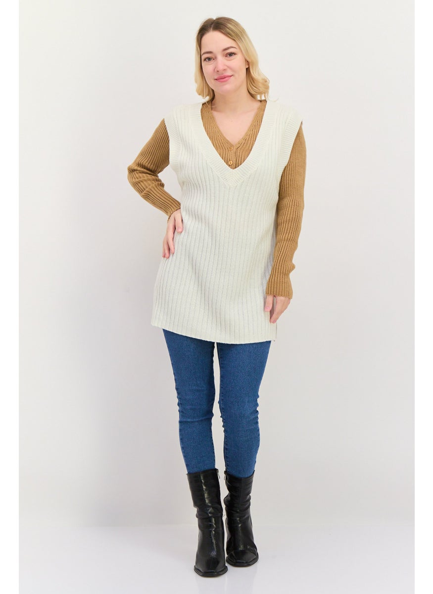 Black Tape - Women V-Neck Knitted Sweater Vest, Ivory - Image 1