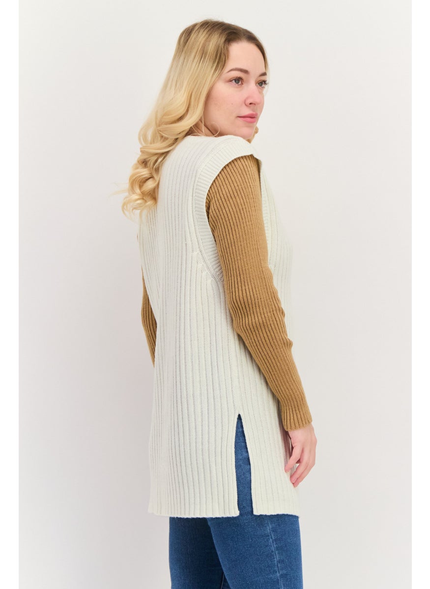 Black Tape - Women V-Neck Knitted Sweater Vest, Ivory - Image 1