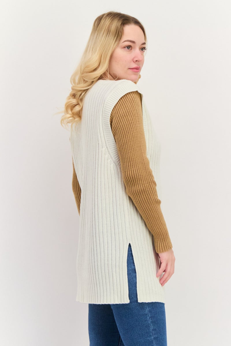 Black Tape Women V-Neck Knitted Sweater Vest, Ivory - Image 2