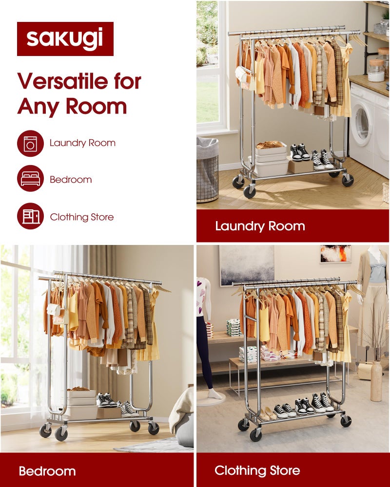 Sakugi Heavy Duty Stainless Steel Rolling Clothes Rack with Mesh Shelf, Lockable Wheels & Anti-Slip Stoppers, Large Capacity Clothing Organizer for Bedroom, Laundry Room, 43.5" x 16.5" x 65.9", Silver - Image 2
