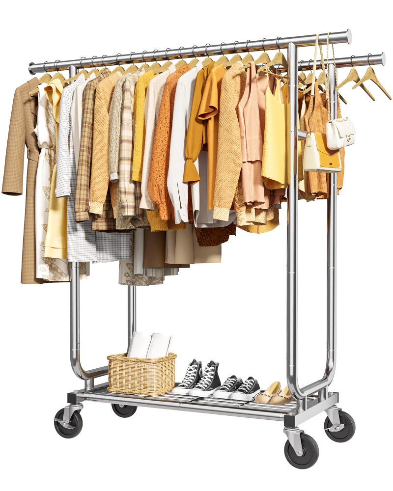 Sakugi Heavy Duty Stainless Steel Rolling Clothes Rack with Mesh Shelf, Lockable Wheels & Anti-Slip Stoppers, Large Capacity Clothing Organizer for Bedroom, Laundry Room, 43.5" x 16.5" x 65.9", Silver - Image 1